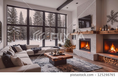 Cozy living room with a fireplace and a large window overlooking a snowy landscape. The room is furnished with a couch, a coffee table, and a TV. There are also several candles and a potted plant in 125298765