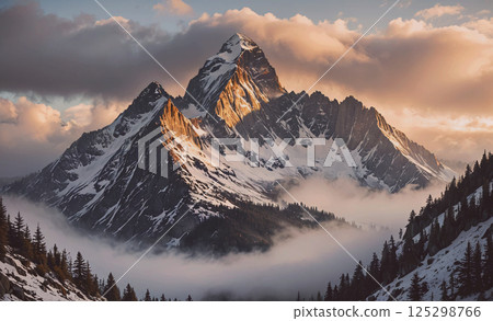 Mountain range with a large peak in the middle. The sky is cloudy and the sun is setting Mountain range with a large peak in the middle. The sky is cloudy and the sun is setting 125298766