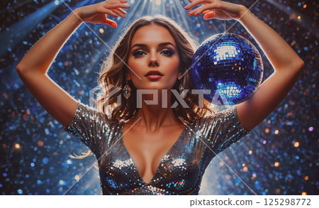 Woman is holding a blue disco ball in her hand. The image has a fun and energetic vibe, suggesting that it could be a party or a dance scene Woman is holding a blue disco ball in her hand. The image has a fun and energetic vibe, suggesting that it could be a party or a dance scene 125298772