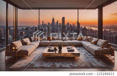 Large living room with a view of the city skyline. The room is filled with white furniture and a large coffee table. Scene is serene and peaceful, with the beautiful view of the city in the background Large living room with a view of the city skyline. The room is filled with white furniture and a large coffee table. Scene is serene and peaceful, with the beautiful view of the city in the background 125298813