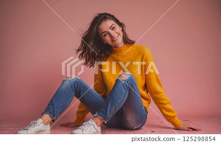 Woman in a yellow sweater and blue jeans is sitting on the floor with her hair blowing in the wind. She is smiling and she is happy 125298854