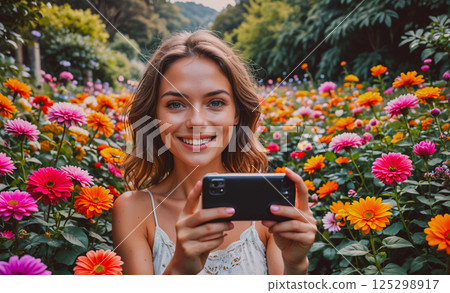Woman is holding a cell phone in a field of flowers. She is smiling and she is enjoying the moment 125298917