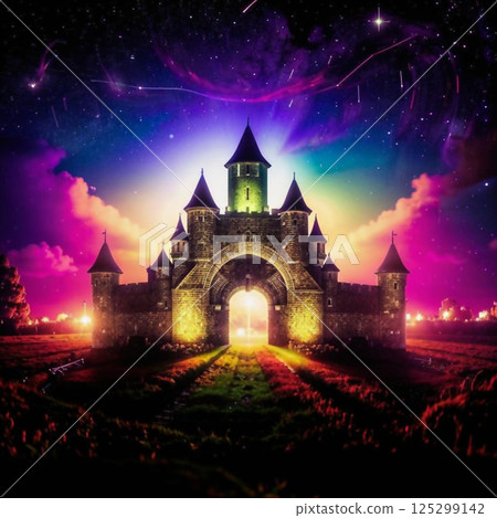 Night castle in neon color. A fairytale colorful castle against the backdrop of the starry sky. AI generated. 125299142