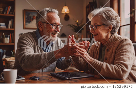 Couple of older people are sitting at a table with a laptop and a cup of coffee. They are smiling and seem to be enjoying each other's company 125299175