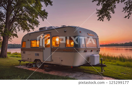 Small trailer is parked by a lake at sunset. The trailer is white and has a blue cooler on the back. The scene is peaceful and serene, with the sun setting in the background 125299177