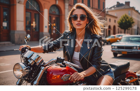 Woman is riding a motorcycle with a red engine. She is wearing a black leather jacket and jeans 125299178
