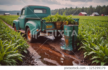 Green truck with a license plate that says "DST" is parked in a muddy field. The truck is carrying plants and a pair of boots 125299179