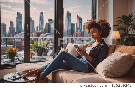 Woman is sitting on a couch in a living room, looking at her cell phone. The room has a city view, and there are potted plants and a lamp in the background. The woman is relaxed 125299242