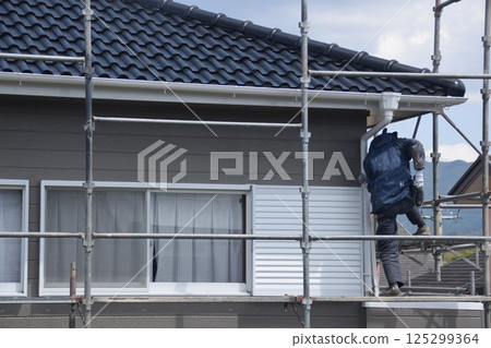 Paint application, scaffolding dismantling and removal work, material, background Paint application, scaffolding dismantling and removal work, material, background 125299364