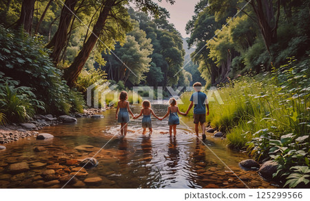 Family of four is walking in a river, holding hands. Scene is peaceful and joyful, as the family enjoys their time together in nature 125299566