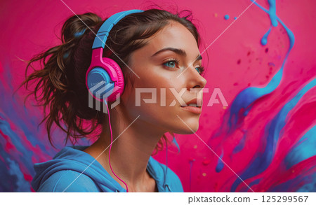 Woman wearing headphones and a blue hoodie. The woman is looking at the camera 125299567