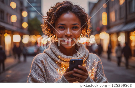 Woman is smiling and holding a cell phone in a city street. The scene is lively and bustling with people walking around 125299568