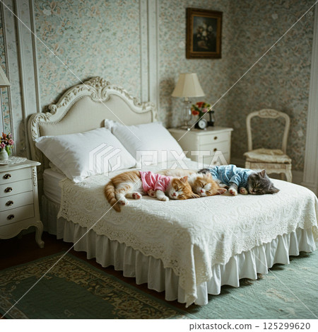 Three kittens sleeping in matching clothes 125299620