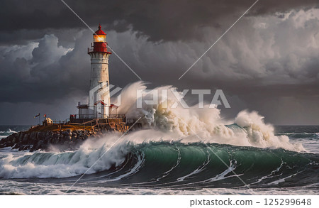 Lighthouse is in the middle of a huge wave. The lighthouse is surrounded by water and the waves are crashing against it. The scene is dramatic and powerful, with the lighthouse standing strong against 125299648