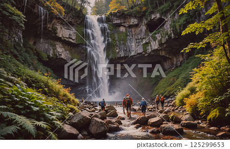 Group of people are walking along a river near a waterfall. The scene is peaceful and serene, with the sound of the waterfall providing a calming background noise. The group of people are likely 125299653