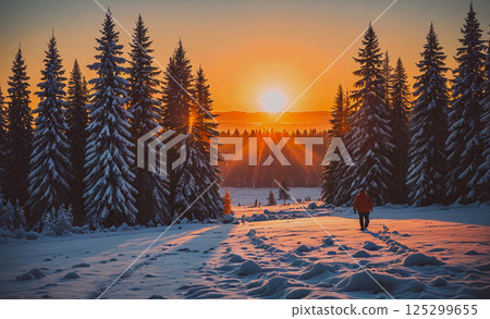 Man is walking through a snowy forest with trees in the background. The sun is setting, casting a warm glow over the scene 125299655