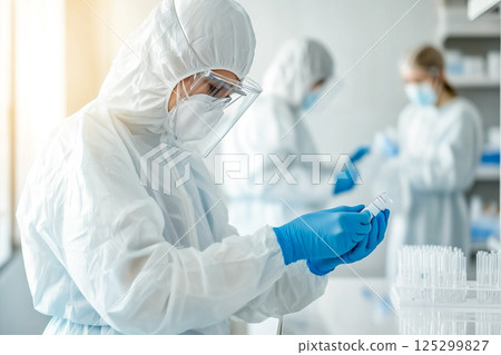 Close-up of a biochemist in a sterile suit 125299827
