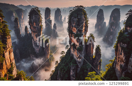 Mountain range with a foggy atmosphere. The mountains are tall and rocky, and the trees are lush and green. The sky is a mix of blue and pink, creating a serene and peaceful mood Mountain range with a foggy atmosphere. The mountains are tall and rocky, and the trees are lush and green. The sky is a mix of blue and pink, creating a serene and peaceful mood 125299891