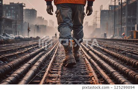 Man in an orange jacket walks on railroad tracks. The scene is set in a city with a foggy atmosphere 125299894