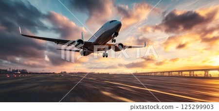 Large passenger plane landing at modern city airport during golden hour 125299903