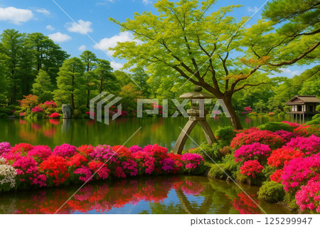 Kenrokuen Landscape that shines on the lanterns and Tsugaike Pond 125299947