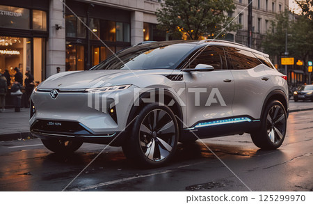Silver car with a futuristic design is parked on a wet street. The car is surrounded by people and other vehicles, giving the impression of a busy city street. The car's design and the wet street 125299970
