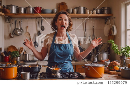 Woman is cooking in a kitchen with a lot of pots and pans. She is wearing an apron and is smiling 125299979