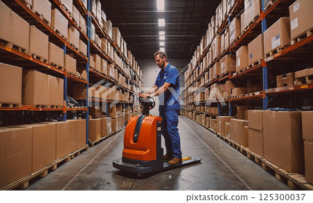 Man in a blue shirt is operating a forklift in a warehouse. The warehouse is filled with boxes and shelves, and the man is navigating through the aisles. Concept of efficiency and productivity 125300037
