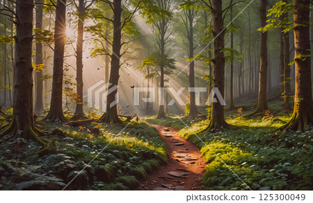 Forest path with sunlight shining through the trees. The path is lined with trees and there are birds flying around Forest path with sunlight shining through the trees. The path is lined with trees and there are birds flying around 125300049