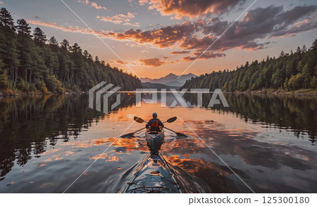 Man paddles a canoe on a lake at sunset. The sky is filled with clouds and the water is calm Man paddles a canoe on a lake at sunset. The sky is filled with clouds and the water is calm 125300180
