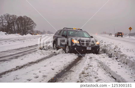 Black car is stuck in the snow on a road. The car is a Toyota Corolla 125300181
