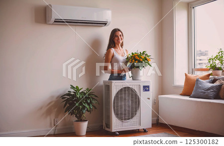 Woman stands in front of a white air conditioner with a potted plant in her hand 125300182