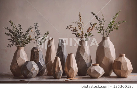 Row of vases with different shapes and sizes are lined up on a table. The vases are made of different materials and have various designs, creating a visually interesting display. The arrangement of 125300183