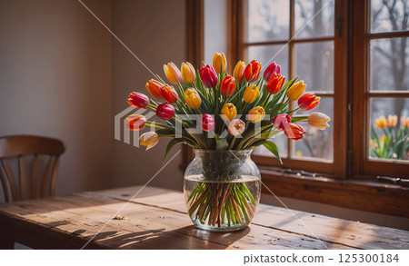 Vase of tulips sits on a wooden table in a room. The tulips are in various colors, including red, yellow, and orange. The vase is filled with water 125300184