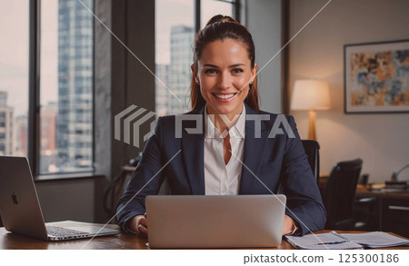 Woman in a business suit is sitting at a desk with a laptop in front of her. She is smiling and she is happy 125300186