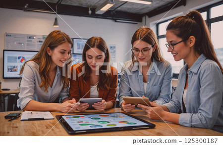 Group of women are sitting around a table looking at a screen with a lot of numbers and graphs. They are all using their cell phones and tablets to look at the data. Scene is focused and serious Group of women are sitting around a table looking at a screen with a lot of numbers and graphs. They are all using their cell phones and tablets to look at the data. Scene is focused and serious 125300187