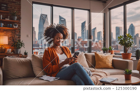 Woman is sitting on a couch in a living room, looking at her cell phone. The room has a city view and is decorated with potted plants 125300190