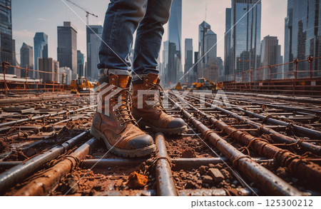 Man in a pair of brown boots stands on a bridge in a city. The boots are made of leather and have a rugged appearance. The man is looking down at the ground, possibly admiring the view or taking a 125300212