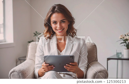 Woman is sitting in a chair with a tablet in her hand. She is smiling and she is happy 125300213