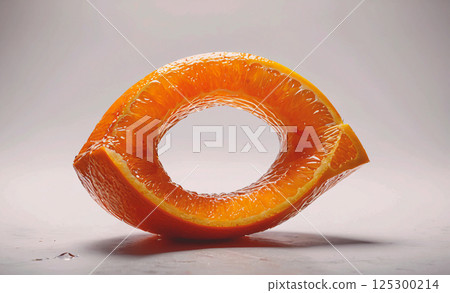 Peeled orange is cut in half and shaped into an oval. The orange is placed on a white background 125300214