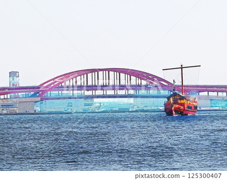 Kobe Bridge and sightseeing boats at Kobe Port [horizontal composition] 125300407