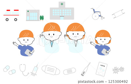 一組可愛的醫療人物和圖標 一組可愛的醫療人物和圖標 125300492