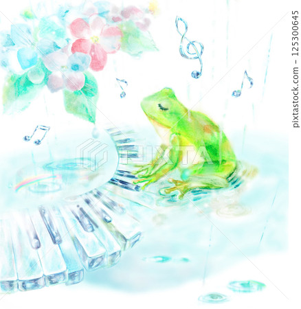 Frog playing piano in the rain watercolor painting 125300645