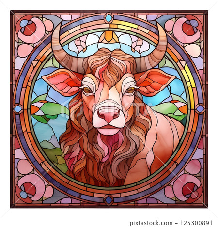 Retro stained glass illustration of a bull 1 / Material for flyers and posters Retro stained glass illustration of a bull 1 / Material for flyers and posters 125300891
