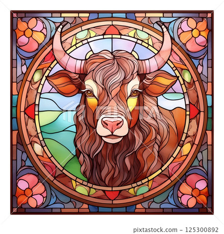 Retro stained glass illustration of a bull 2 / Material for flyers and posters Retro stained glass illustration of a bull 2 / Material for flyers and posters 125300892
