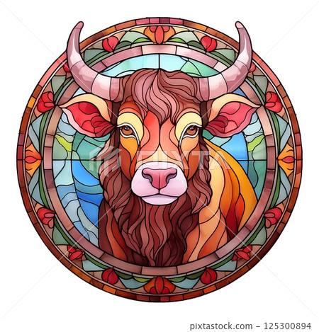 Retro stained glass illustration of a bull 4 / Material for flyers and posters Retro stained glass illustration of a bull 4 / Material for flyers and posters 125300894