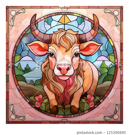 Retro stained glass illustration of a bull 5 / Material for flyers and posters Retro stained glass illustration of a bull 5 / Material for flyers and posters 125300895