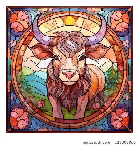 Retro stained glass illustration of a bull 6 / Material for flyers and posters Retro stained glass illustration of a bull 6 / Material for flyers and posters 125300896
