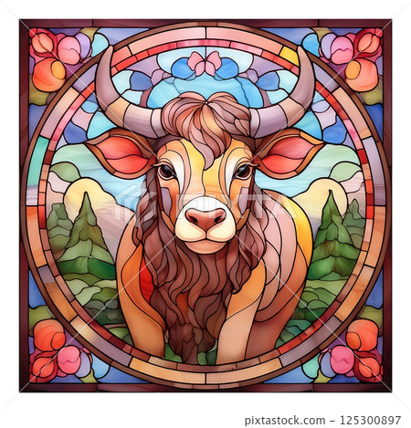 Retro stained glass illustration of a bull 7 / Material for flyers and posters Retro stained glass illustration of a bull 7 / Material for flyers and posters 125300897