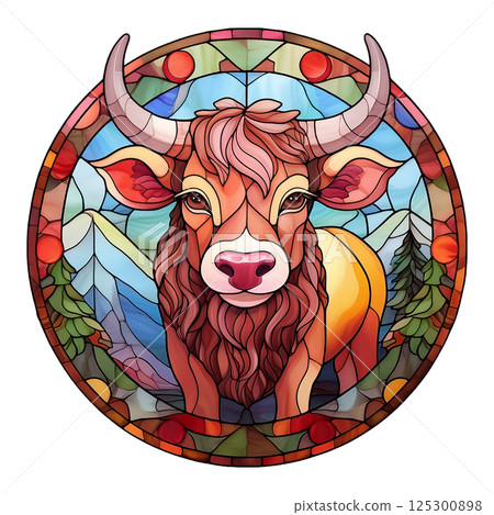 Retro stained glass illustration of a bull 8 / Material for flyers and posters Retro stained glass illustration of a bull 8 / Material for flyers and posters 125300898